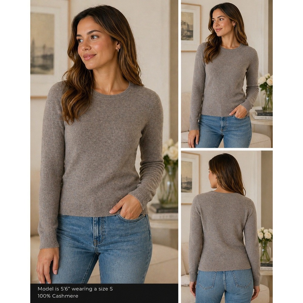 Ellen Tracy 100% Cashmere Crewneck Sweater Taupe Brown Womens Small S Soft Knit